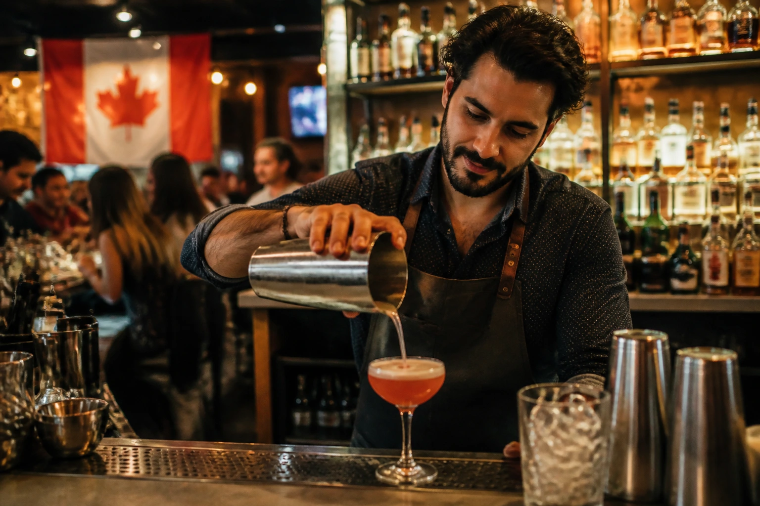 Bartender in a busy Canadian bar pouring a drink with warm lighting.