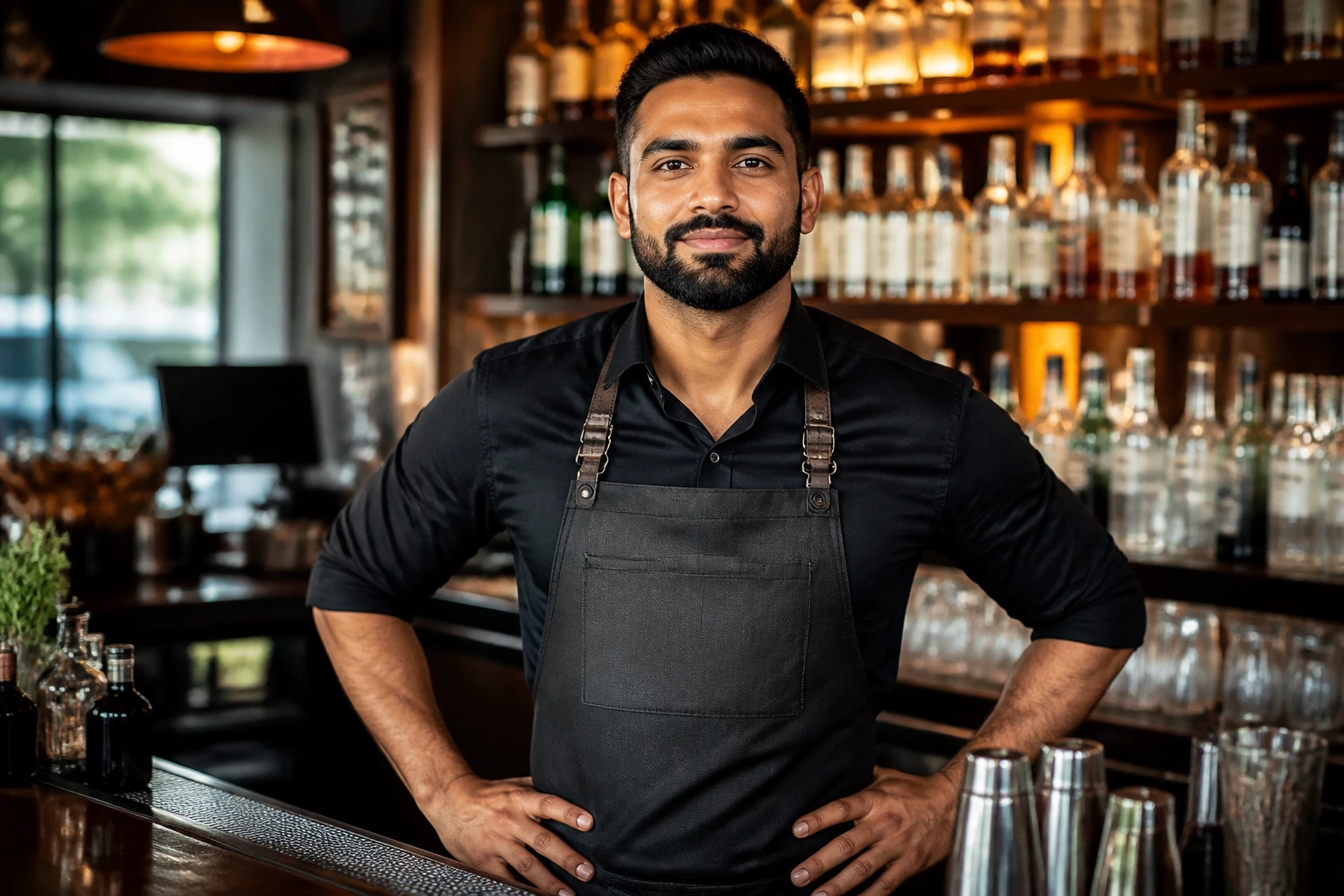 Portrait of a confident bartender behind a bar, symbolizing sponsorship-ready progression
