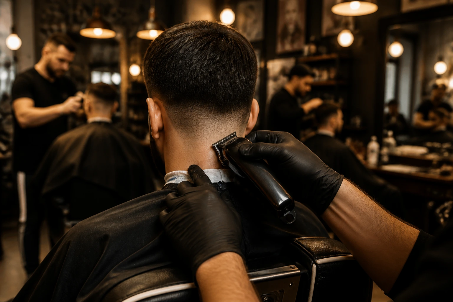 Barber hands using clippers on a client in a busy shop