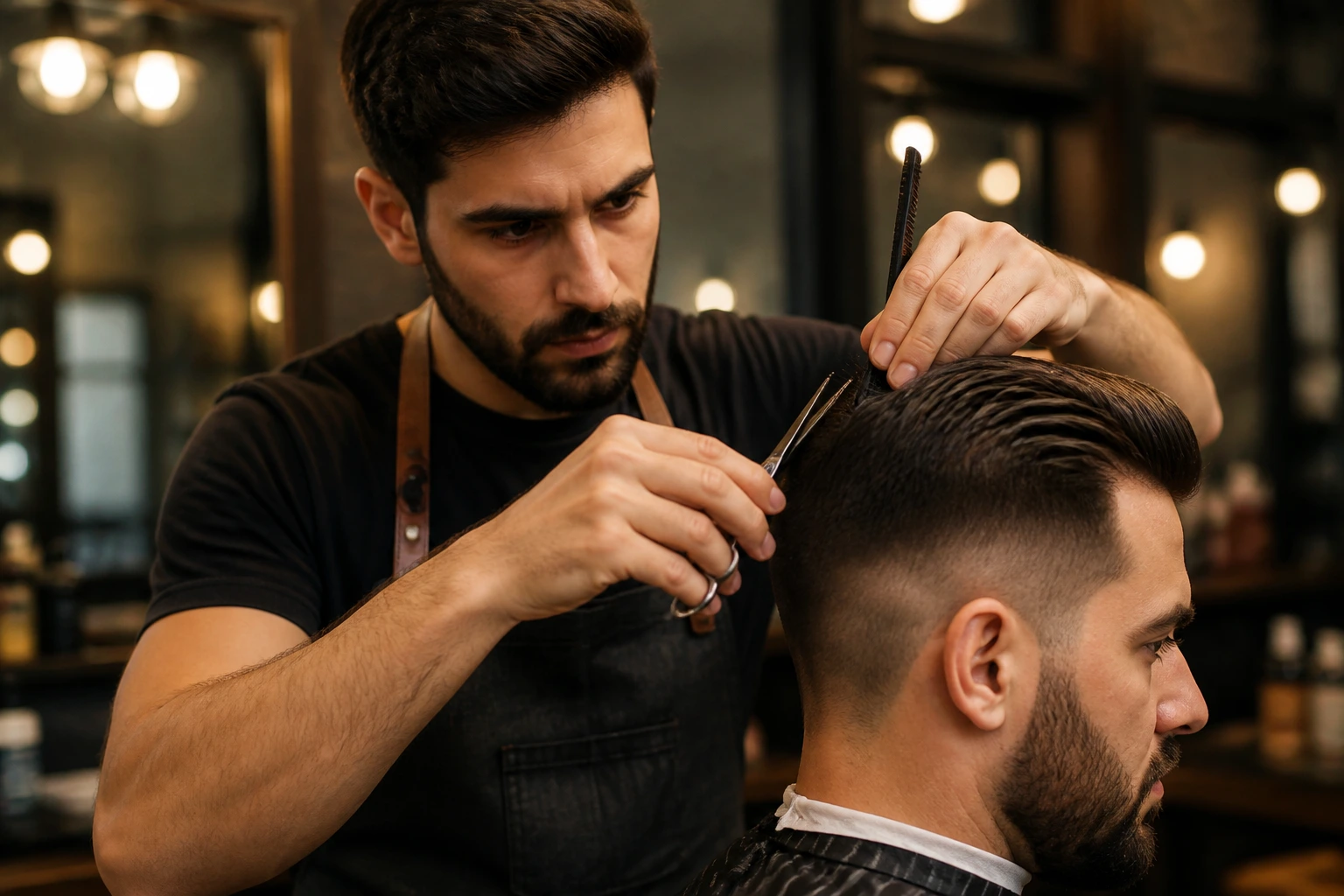 Close-up barber at work with focused expression in a real shop
