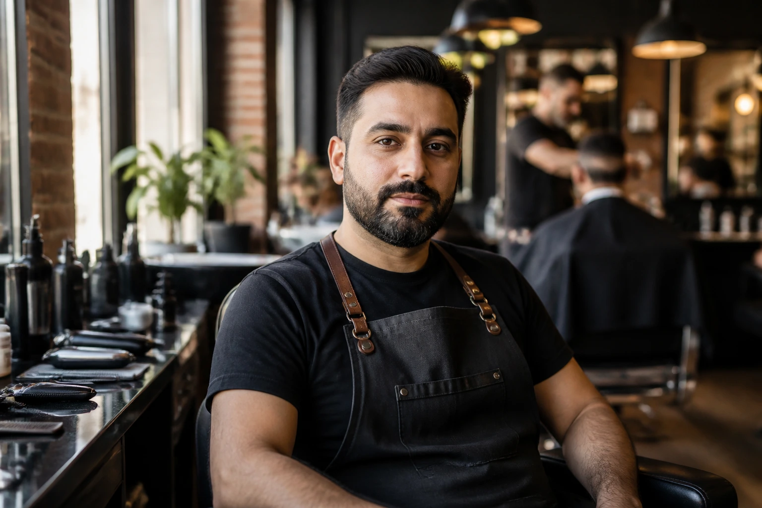 Close-up portrait of a barber in a UK shop with warm window light