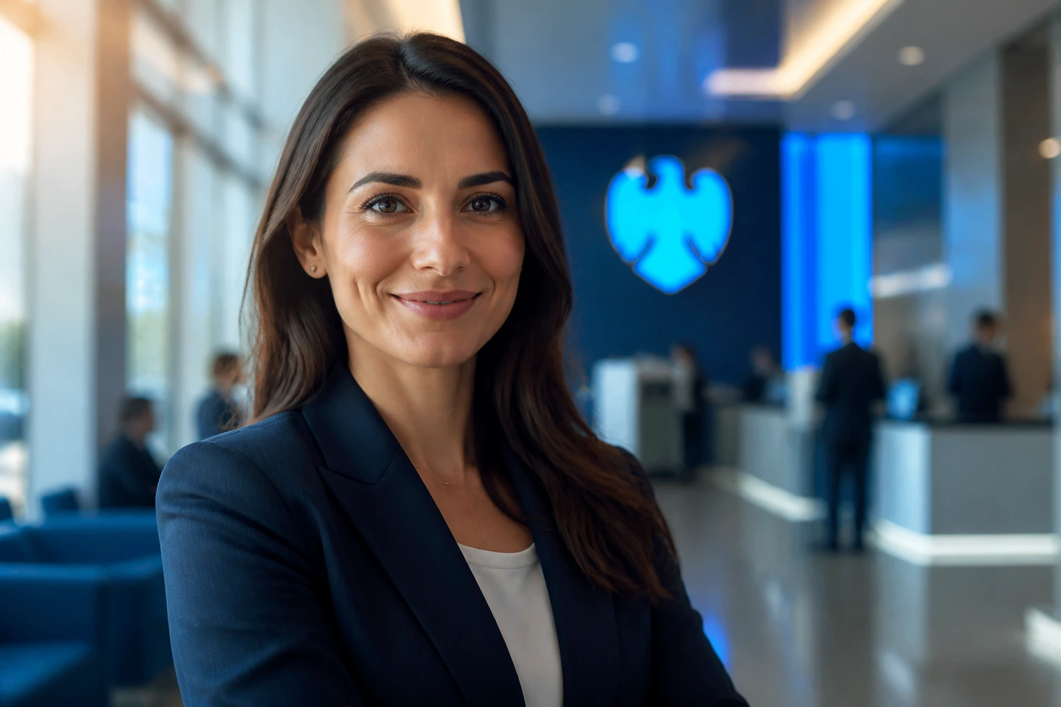 Close-up portrait of a Barclays professional in a modern UK bank lobby.