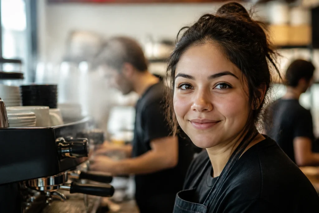 Close-up portrait of a real barista in a cafe