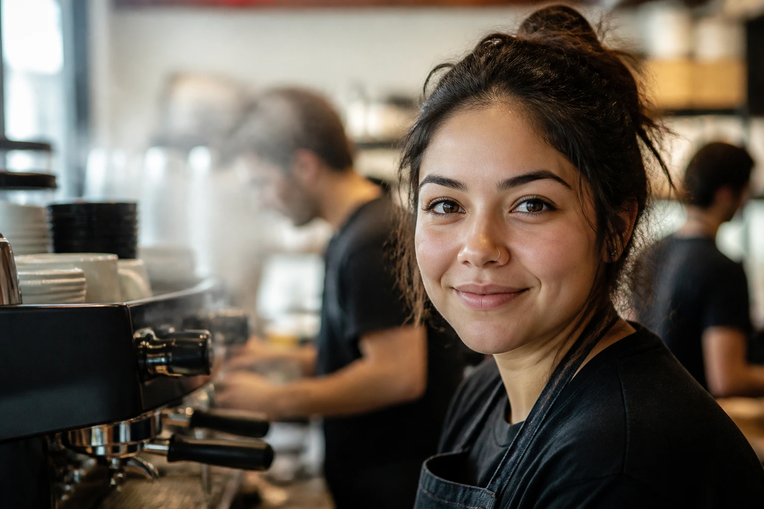 Close-up portrait of a real barista in a cafe