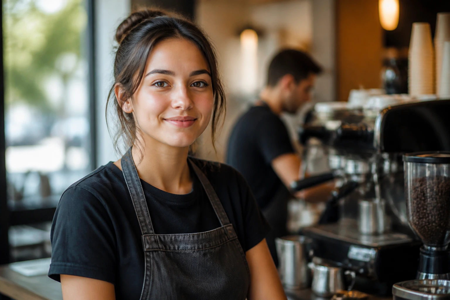 Barista portrait in cafe representing career growth after sponsorship