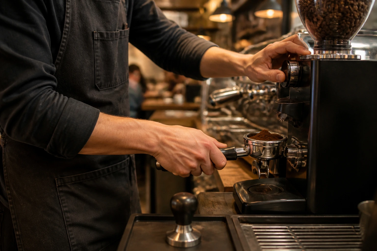 Barista hands at espresso machine during early days behind the bar