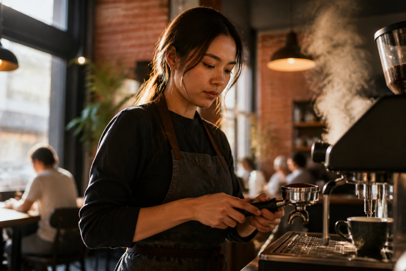 Close-up of neighborhood barista at a cafe counter.