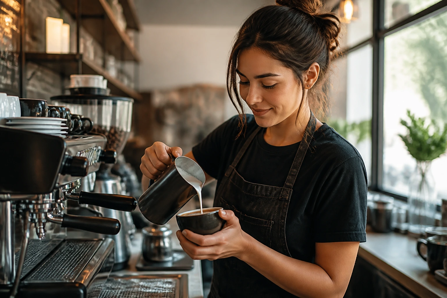 Close-up portrait of a barista at a cafe counter with espresso machine.