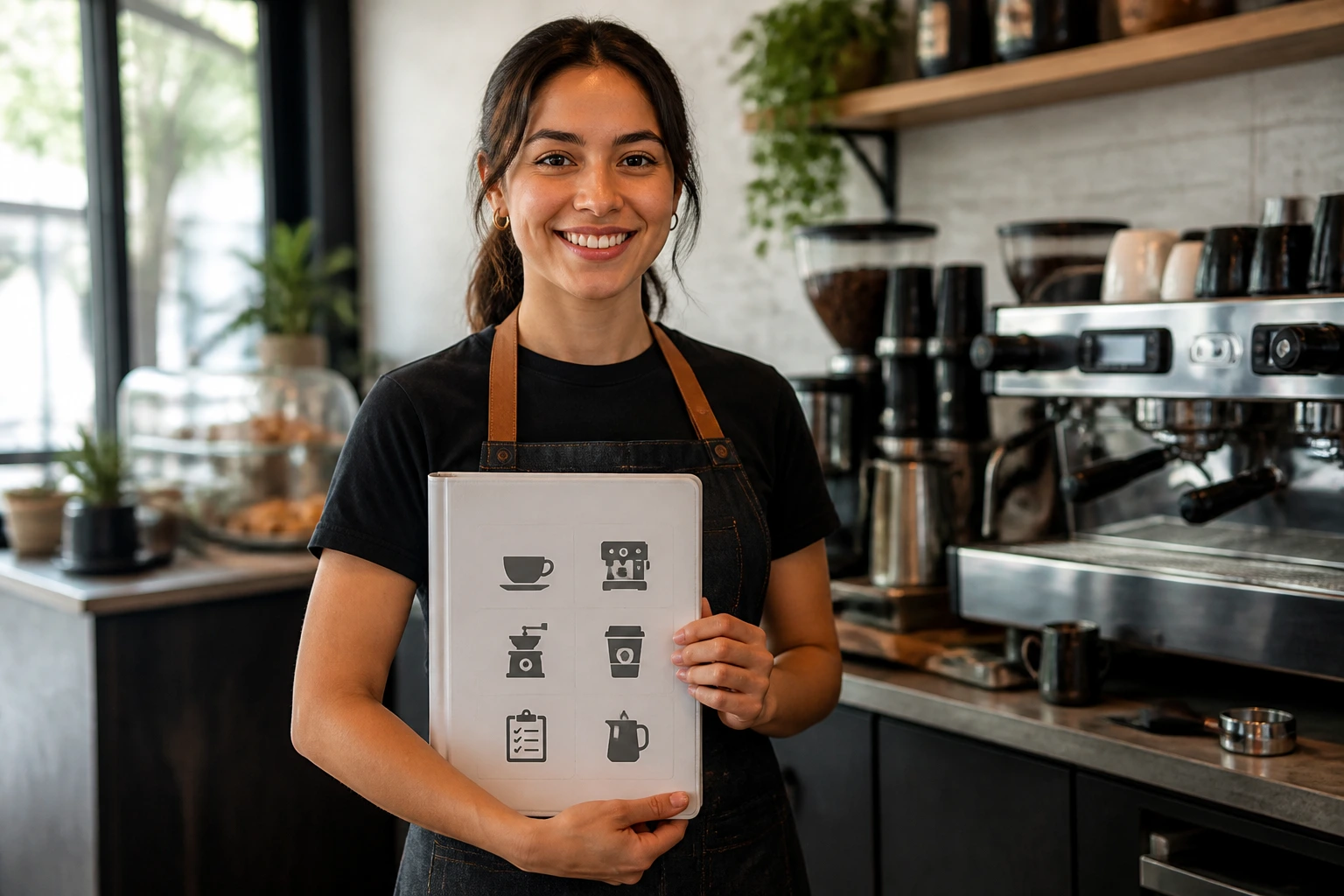 Barista in uniform with a binder portfolio in a cafe setting