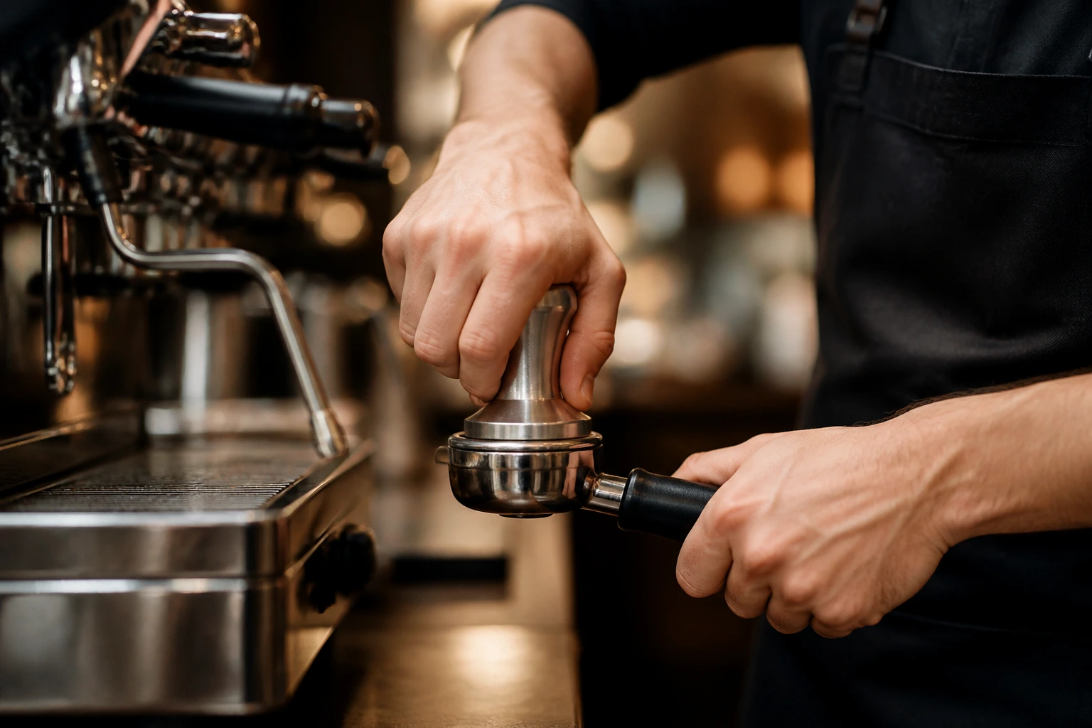 Barista hands tamping portafilter showing skill and precision