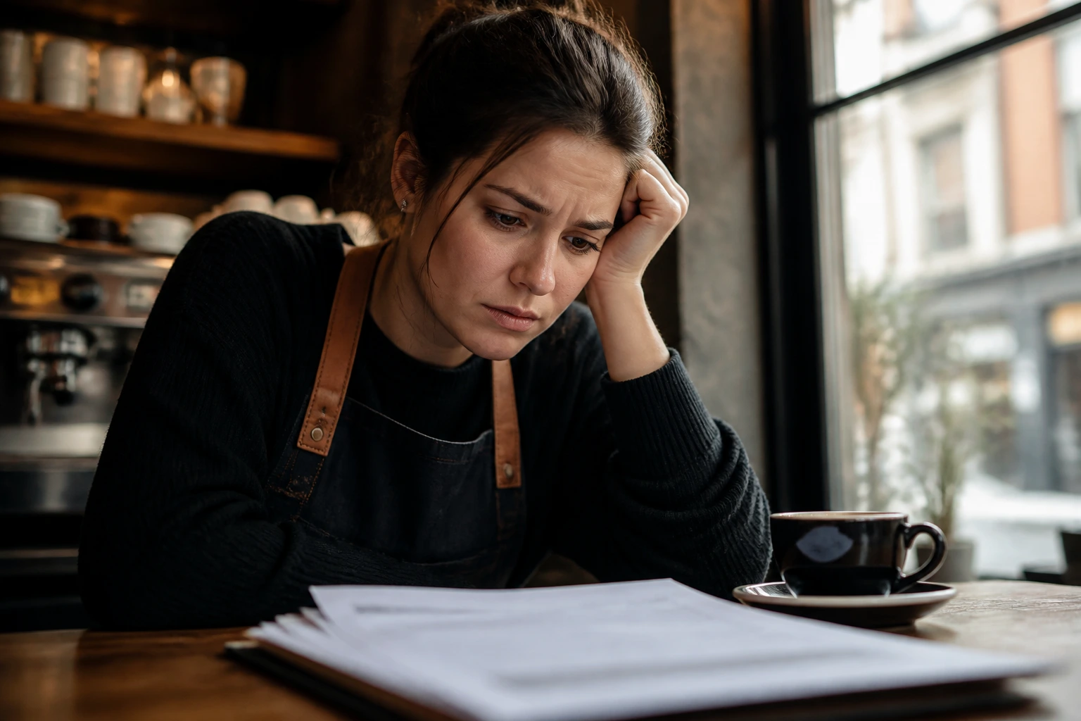 Close-up barista in cafe looking at blurred visa documents, sponsorship challenge