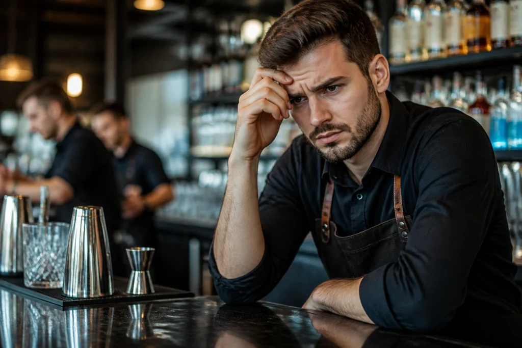 Portrait of a bartender behind a bar, highlighting sponsorship challenge.