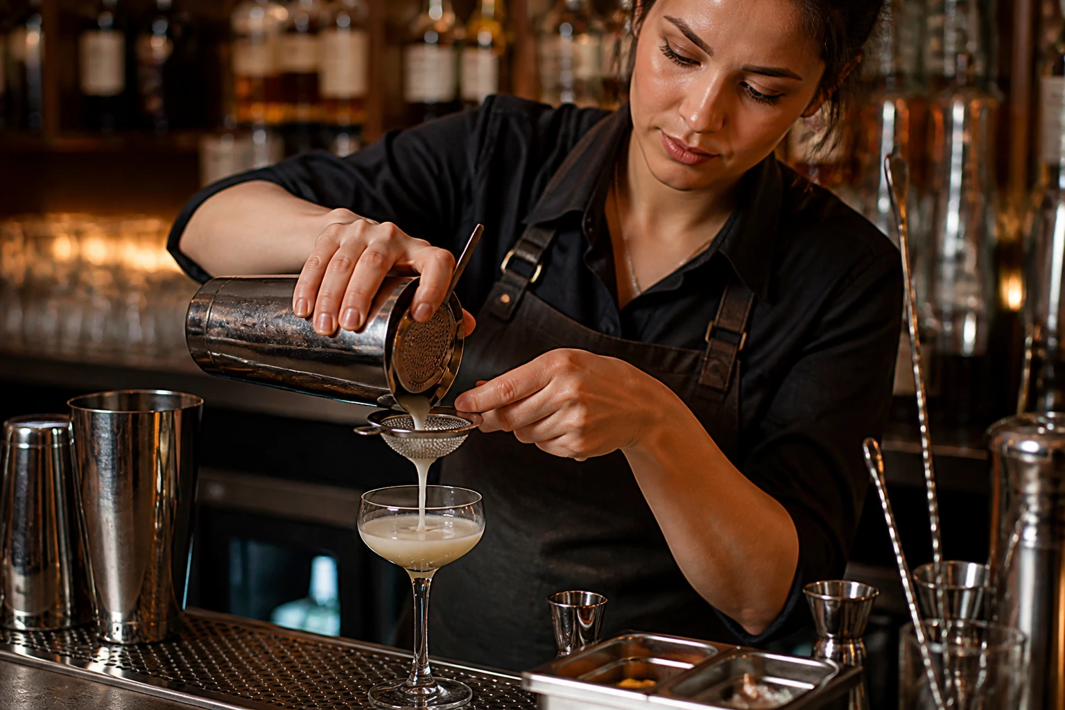 Close-up of a bartender's hands during a trial shift showing precise technique