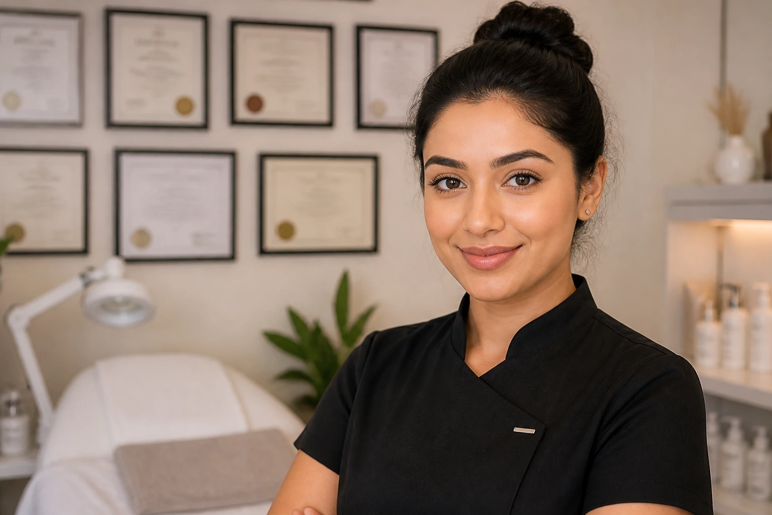Beauty therapist with a blurred backdrop of training certificates