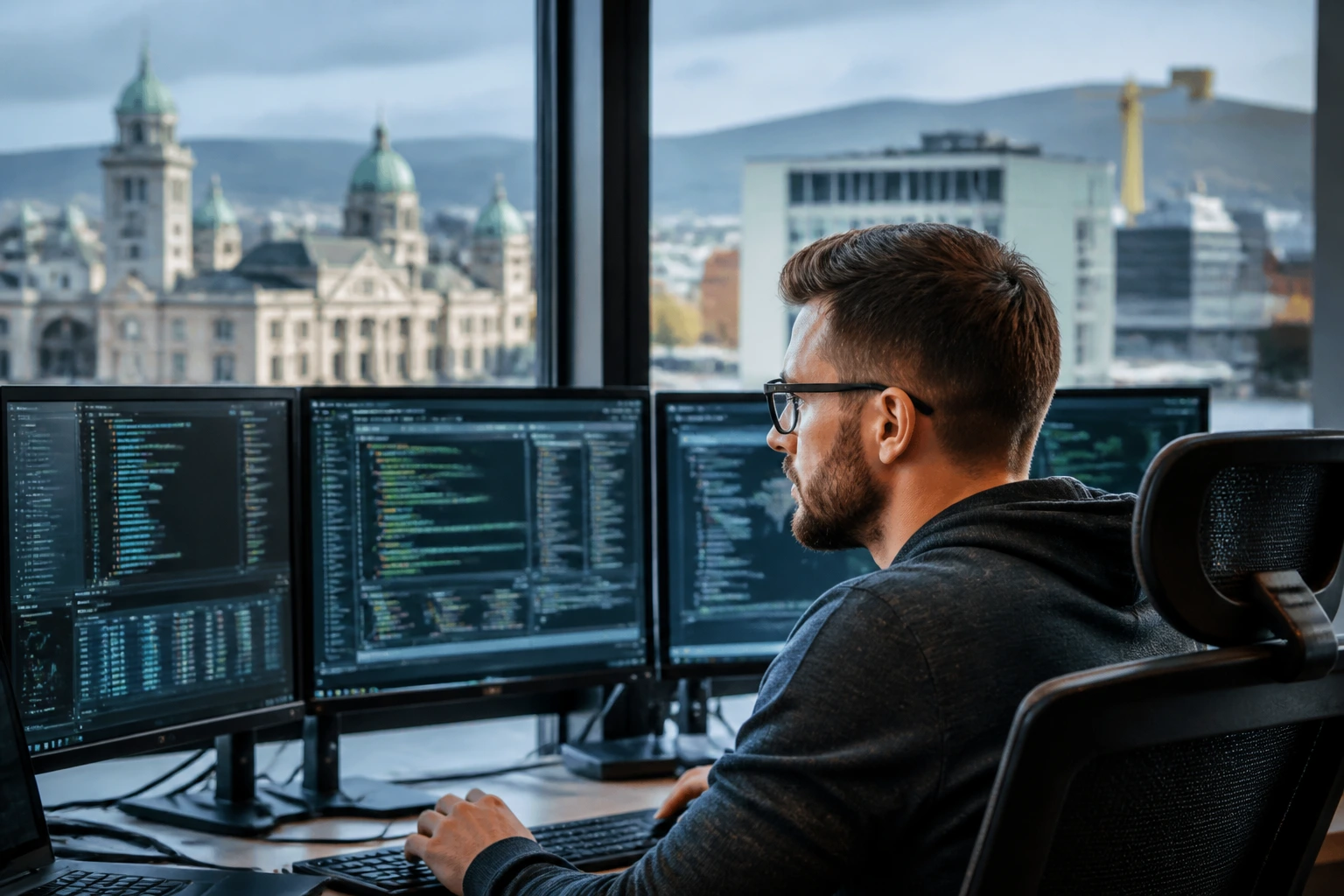 Close-up portrait of a cybersecurity professional at a workstation in Belfast
