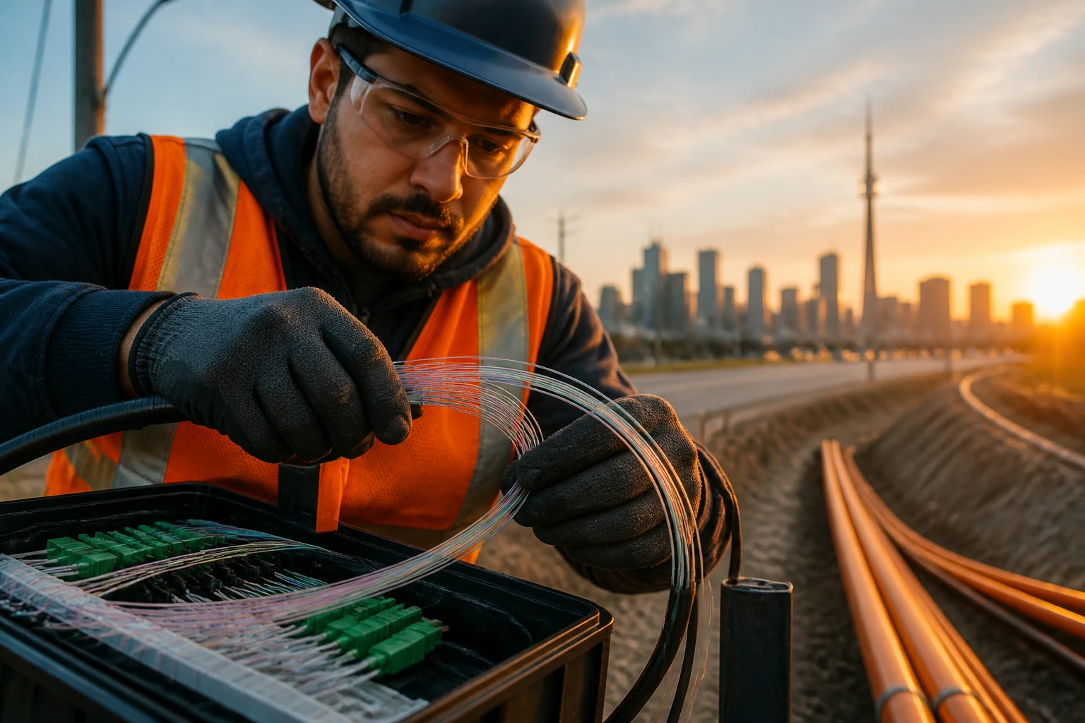 Fiber optic technician handling cables outdoors.