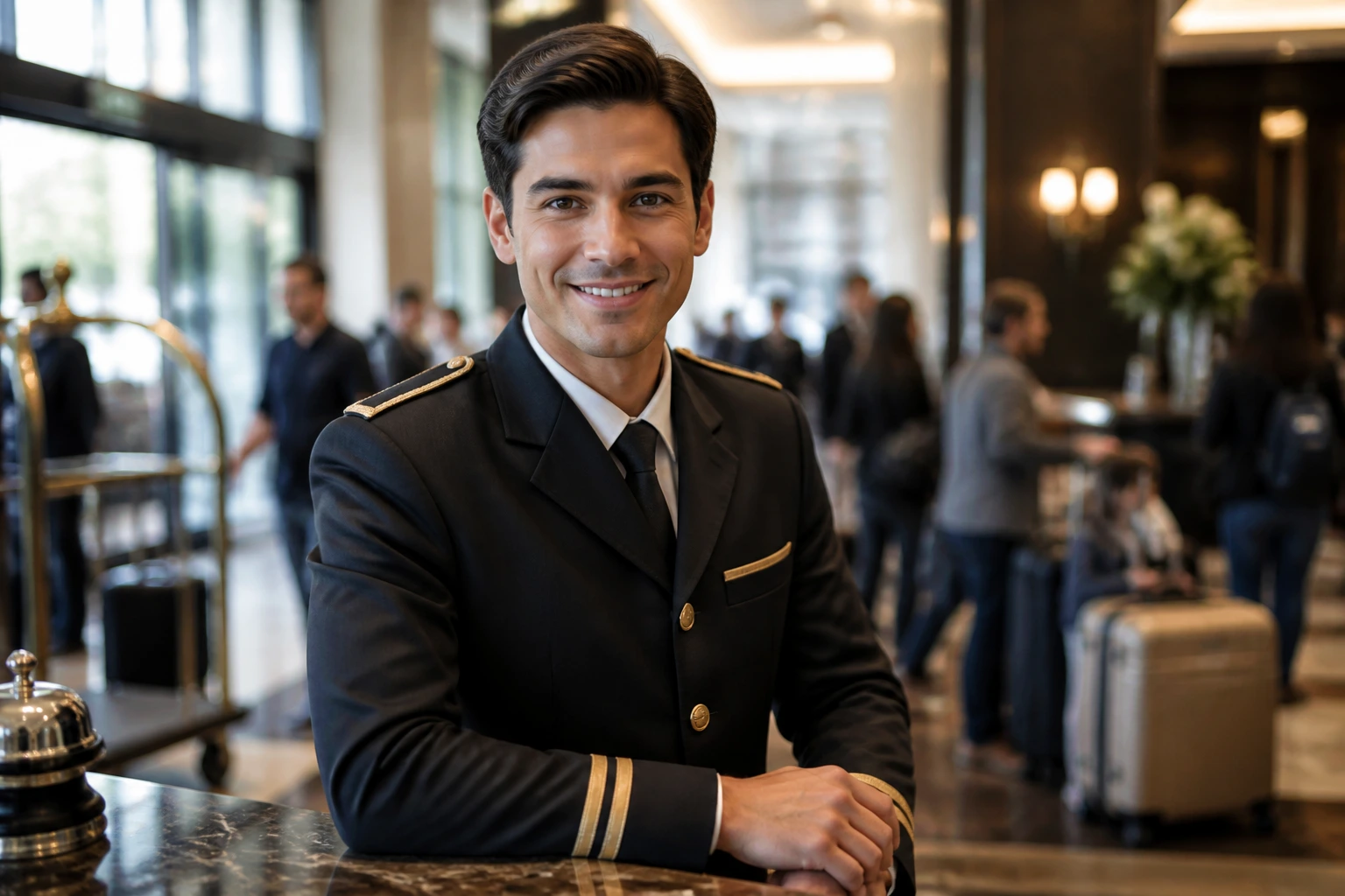 Bell desk agent portrait showing confidence and guest-service focus