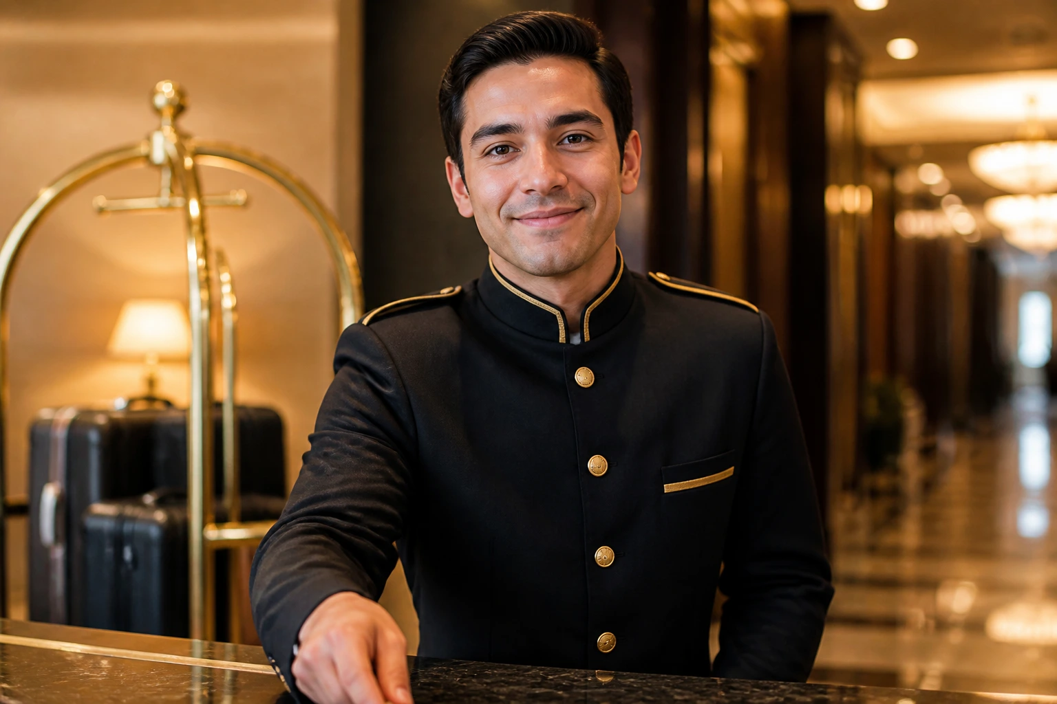 Bell desk staff in uniform at the desk with luggage cart