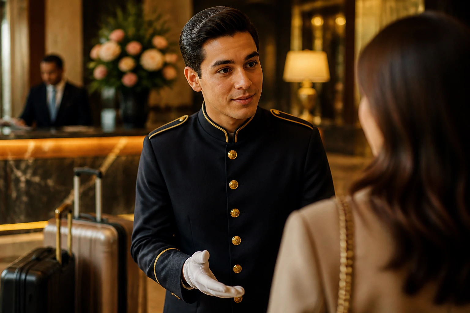 Bell attendant with calm demeanor helping a guest in a hotel lobby