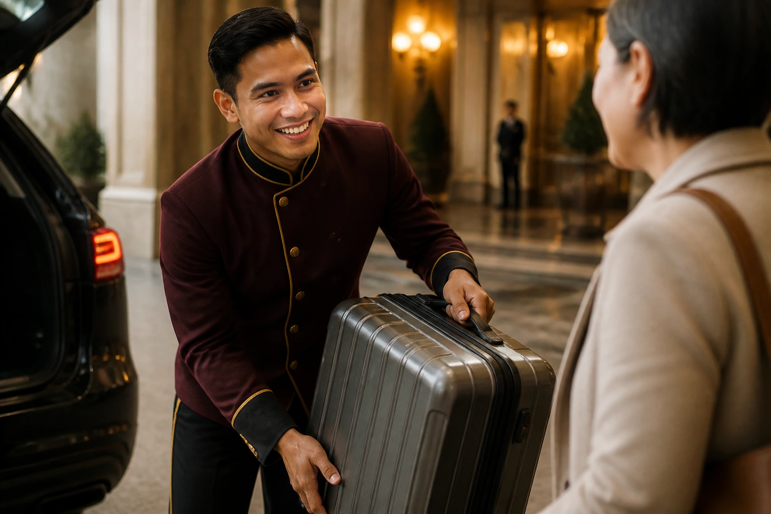 Close-up portrait of a bellhop in uniform assisting with luggage, warm hotel entrance.