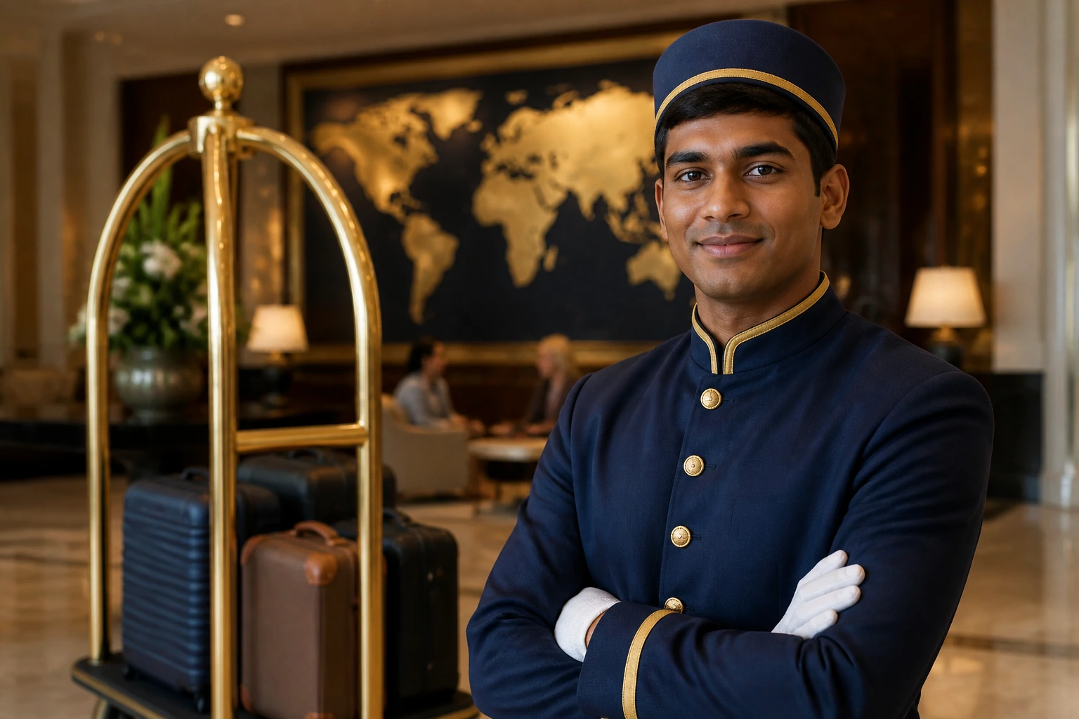 Diverse bellhop in luxury hotel lobby with world map backdrop