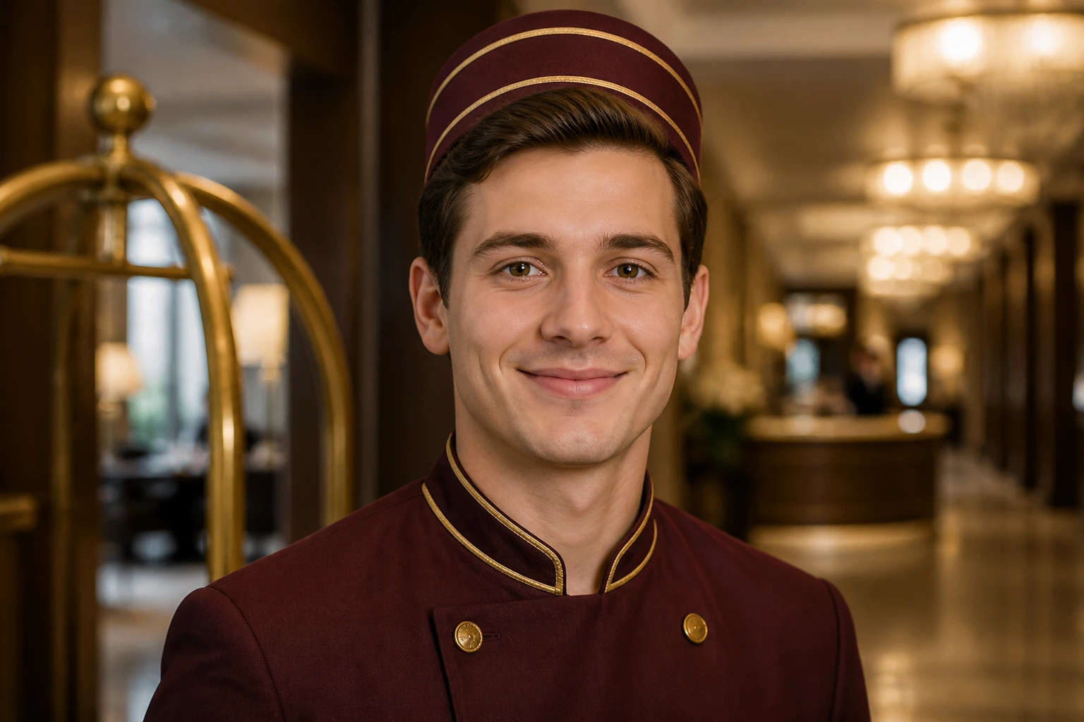 Portrait of a bellhop in uniform in a hotel corridor ready to assist guests