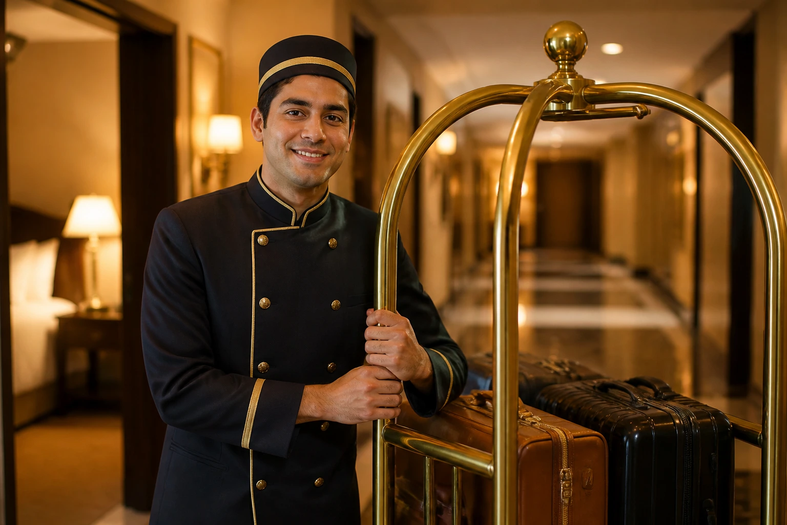 Bellhop in hotel corridor with luggage cart conveying daily life realities.