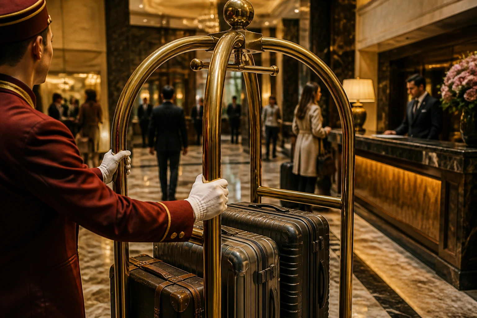 Bellhop pushing luggage cart in a busy hotel lobby