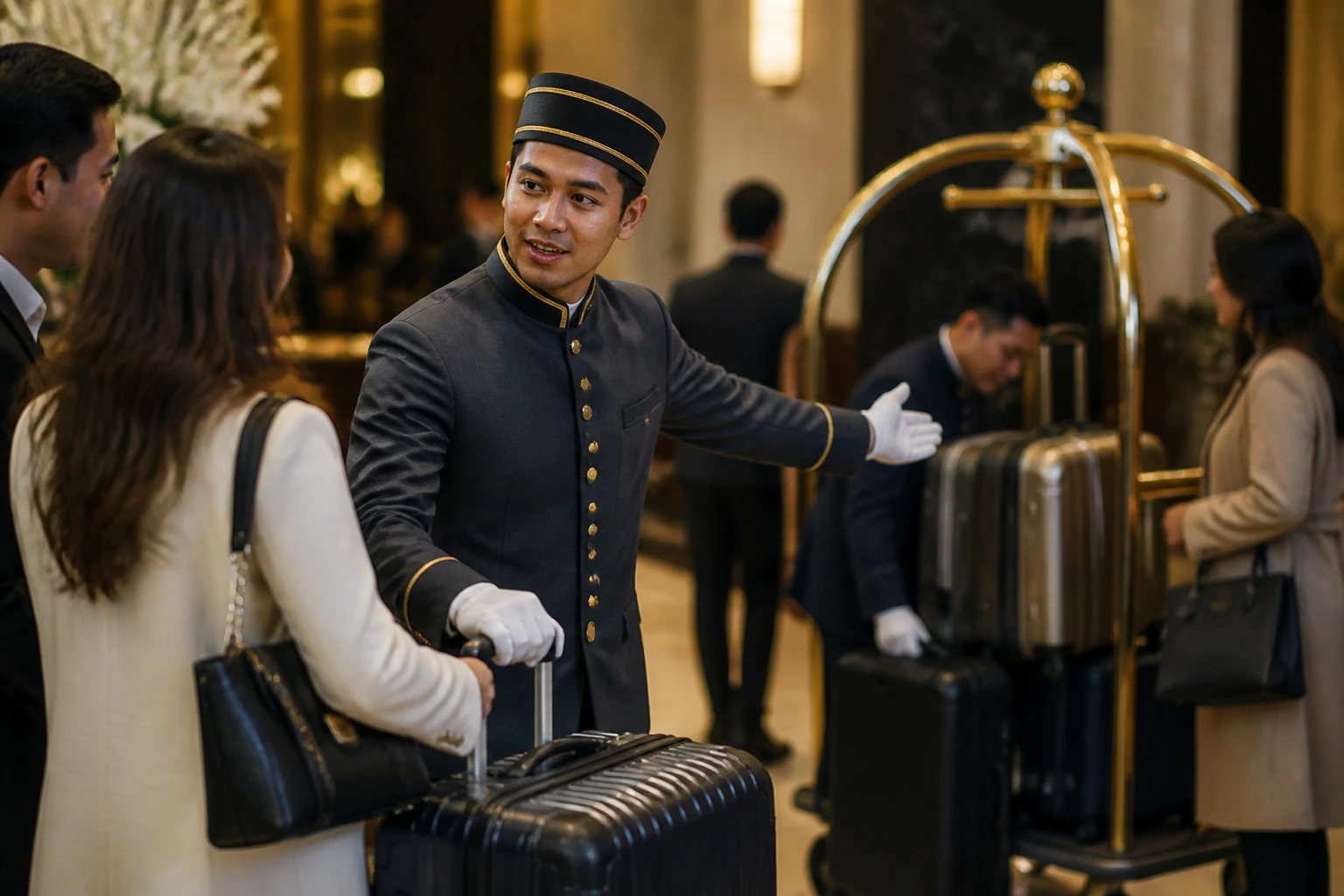 Bellhop in uniform guiding guests with luggage at a busy hotel bell desk