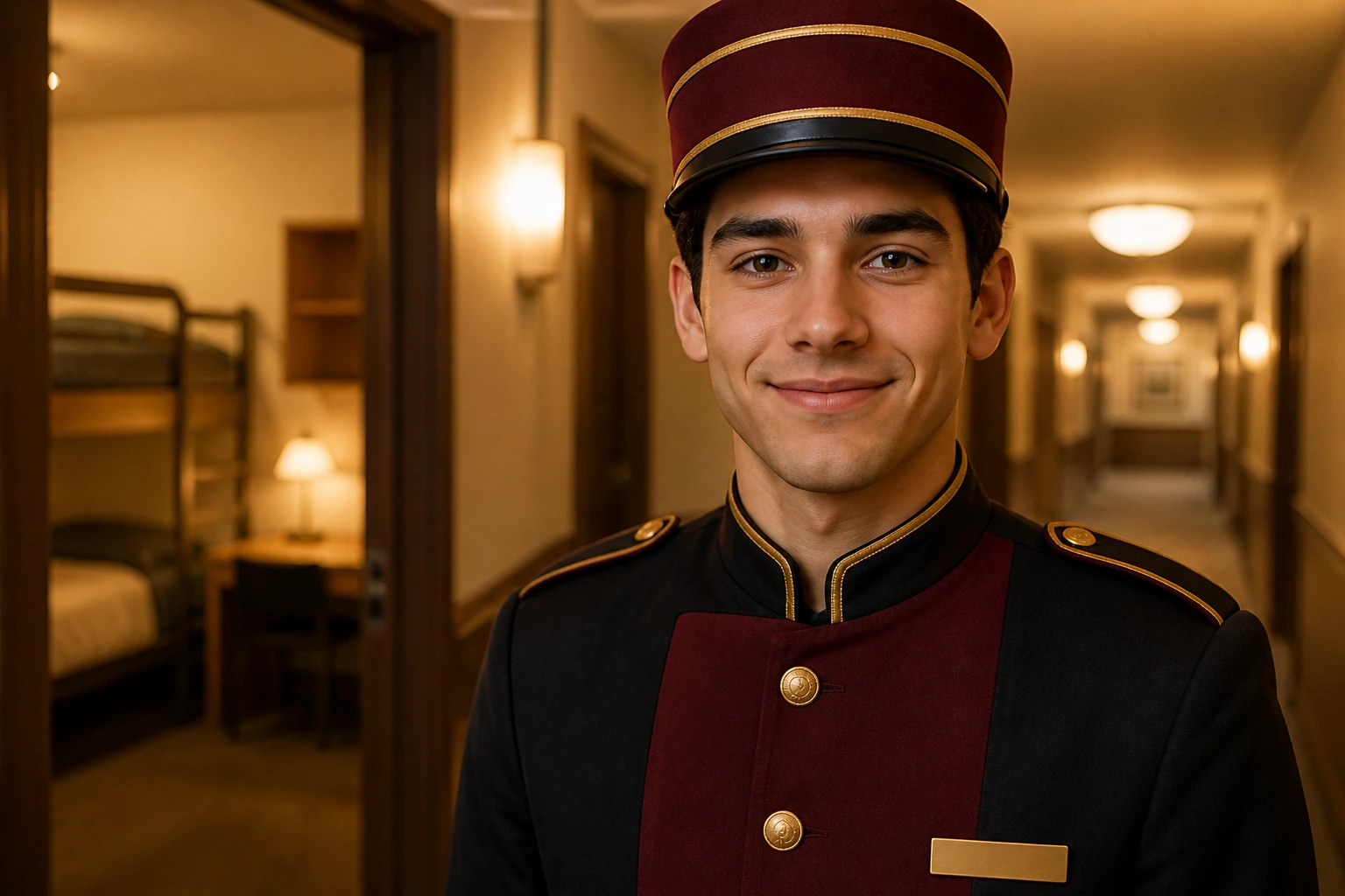 Close-up of a bellhop in uniform in a hotel lobby