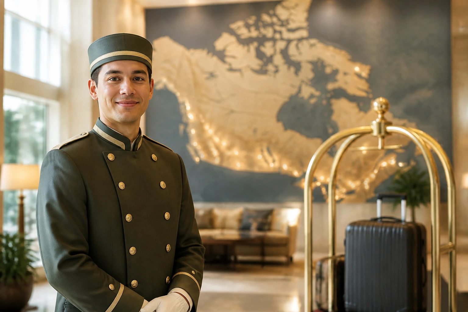 Bellhop in uniform with wall map behind in hotel lobby