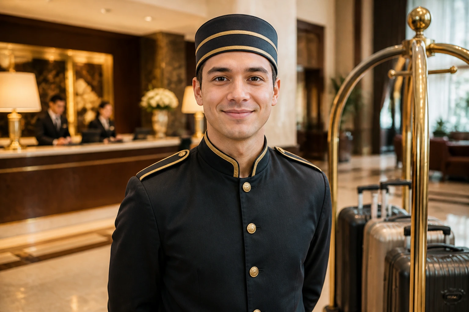 Bellhop in uniform in polished hotel lobby