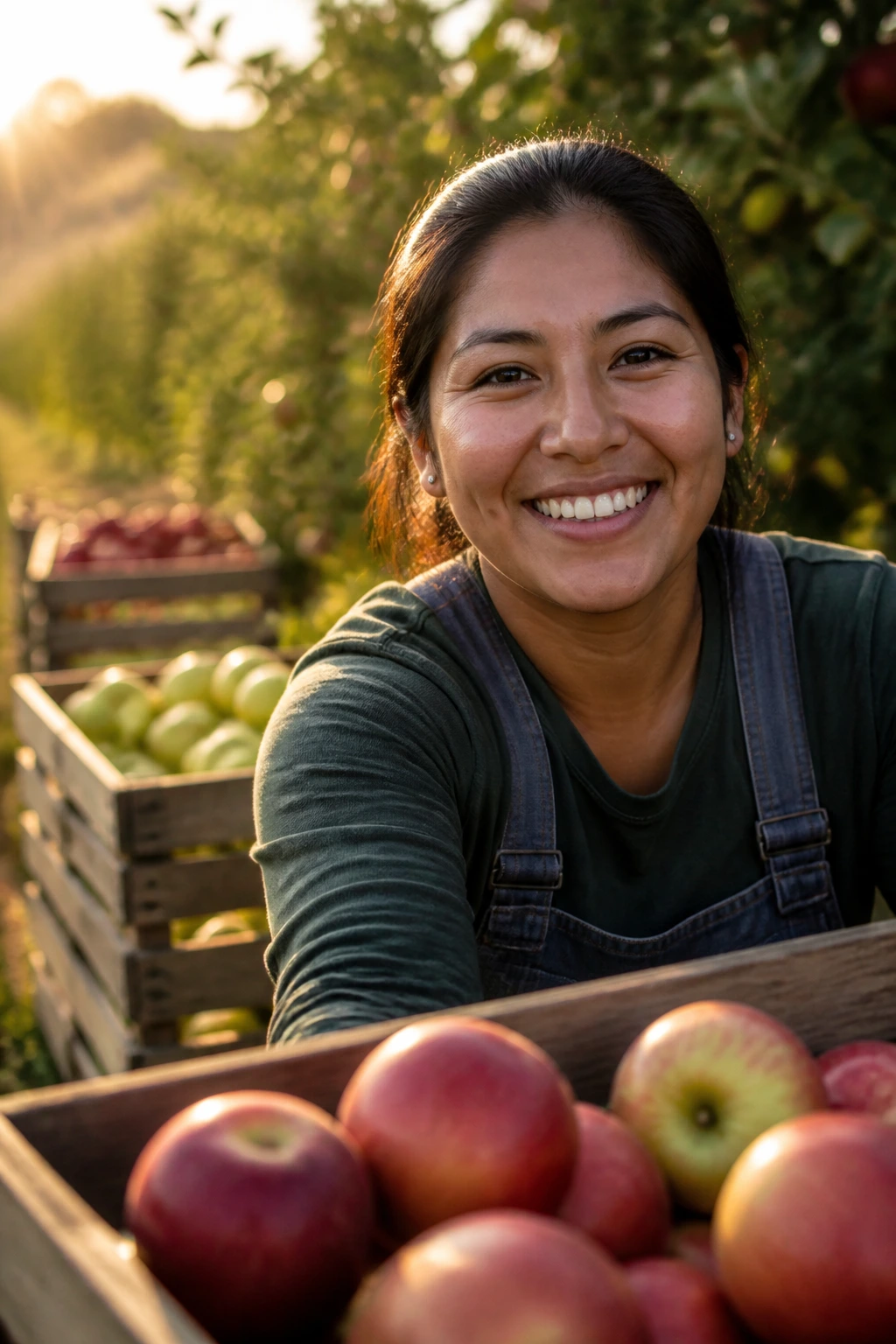 Smiling fruit picker in an orchard with baskets of fruit