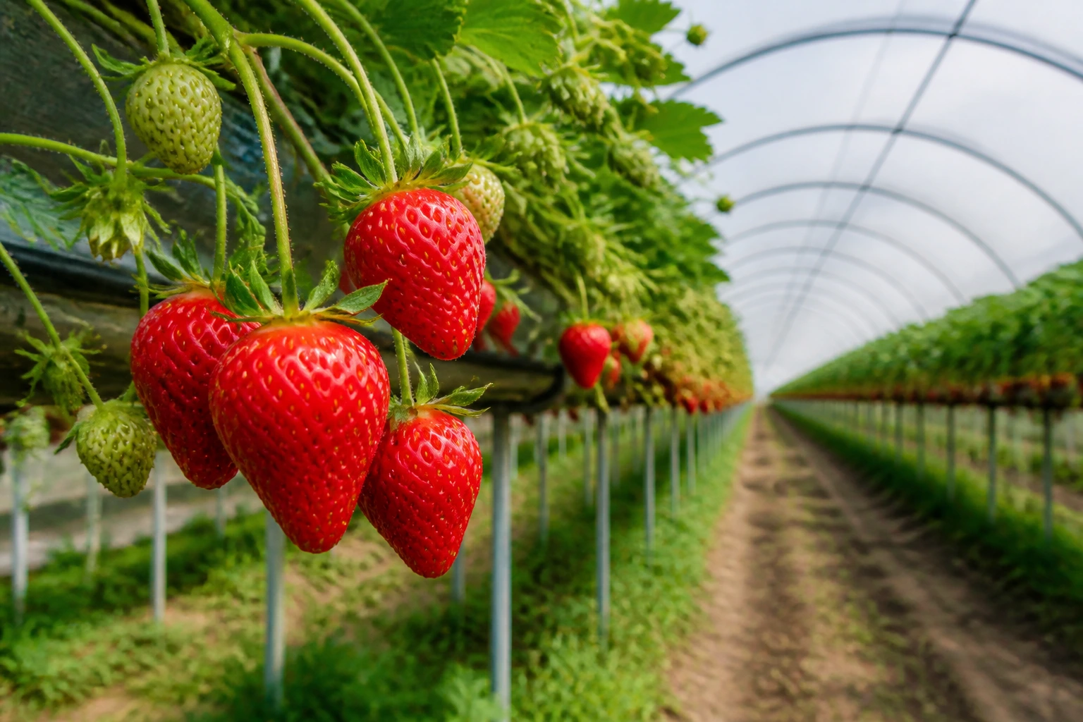 Close-up of ripe berries inside a berry tunnel greenhouse