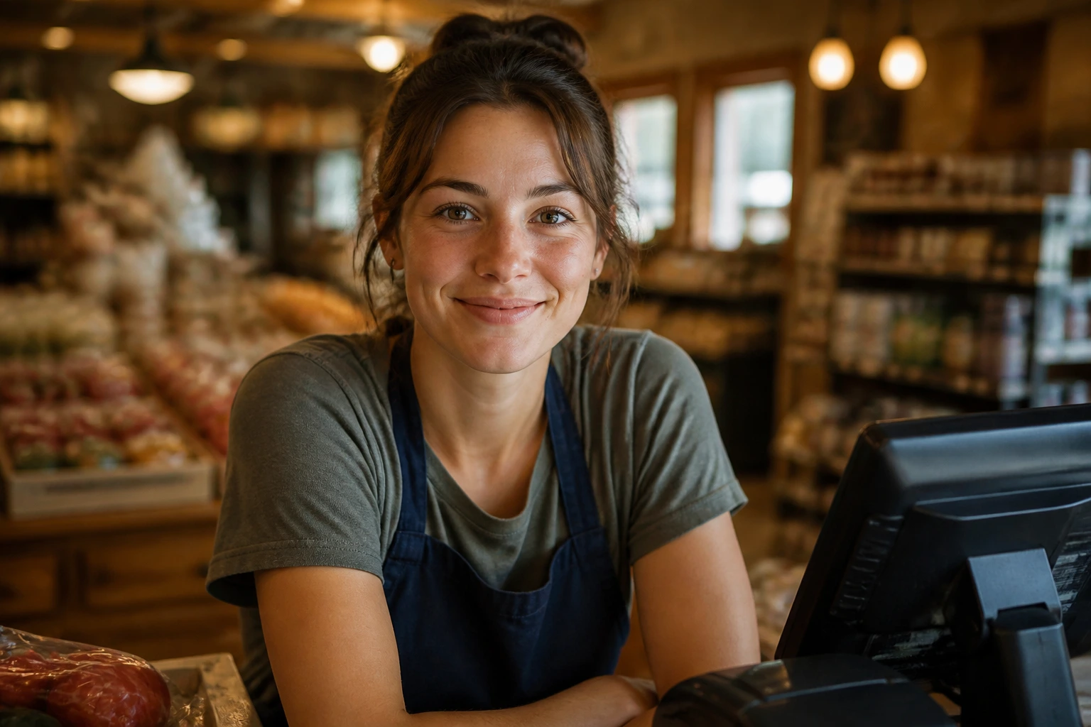 Cashier portrait at a small-town grocery store