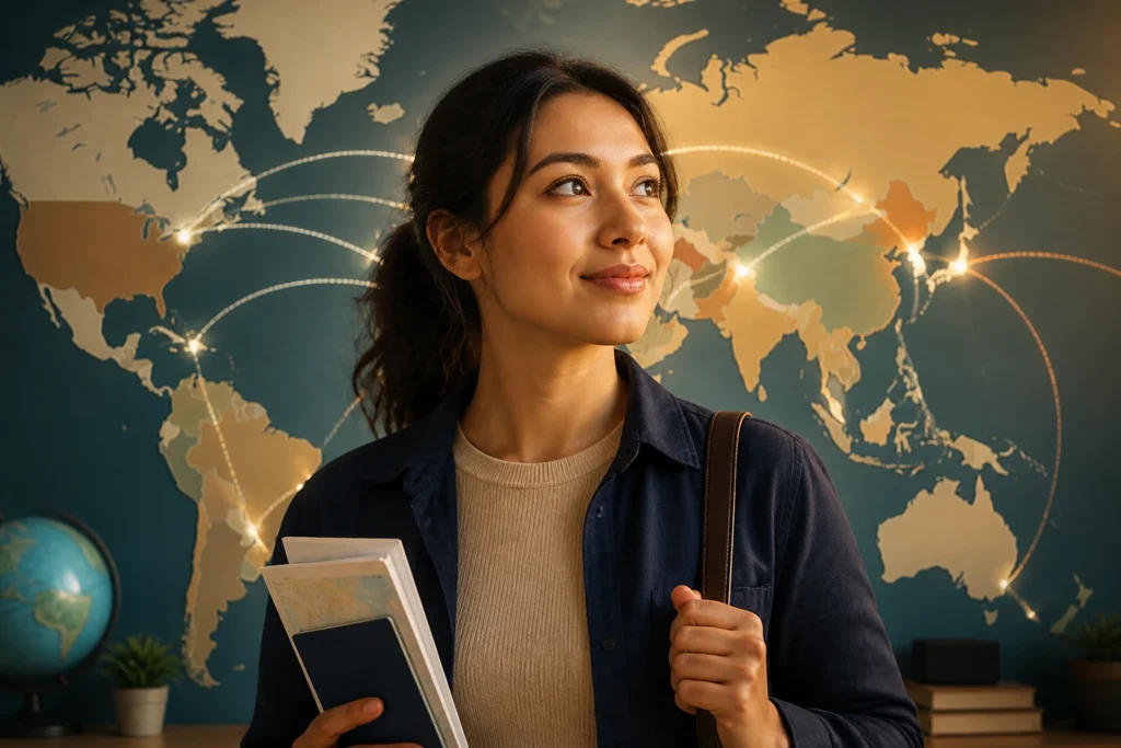Person considering alternative routes to sponsorship in front of a world map