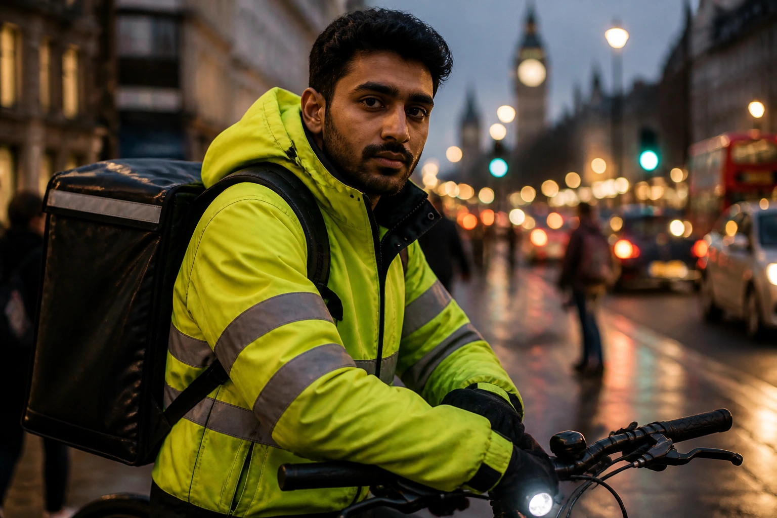 Close-up portrait of a bicycle delivery rider in a reflective jacket on a UK city street at dusk