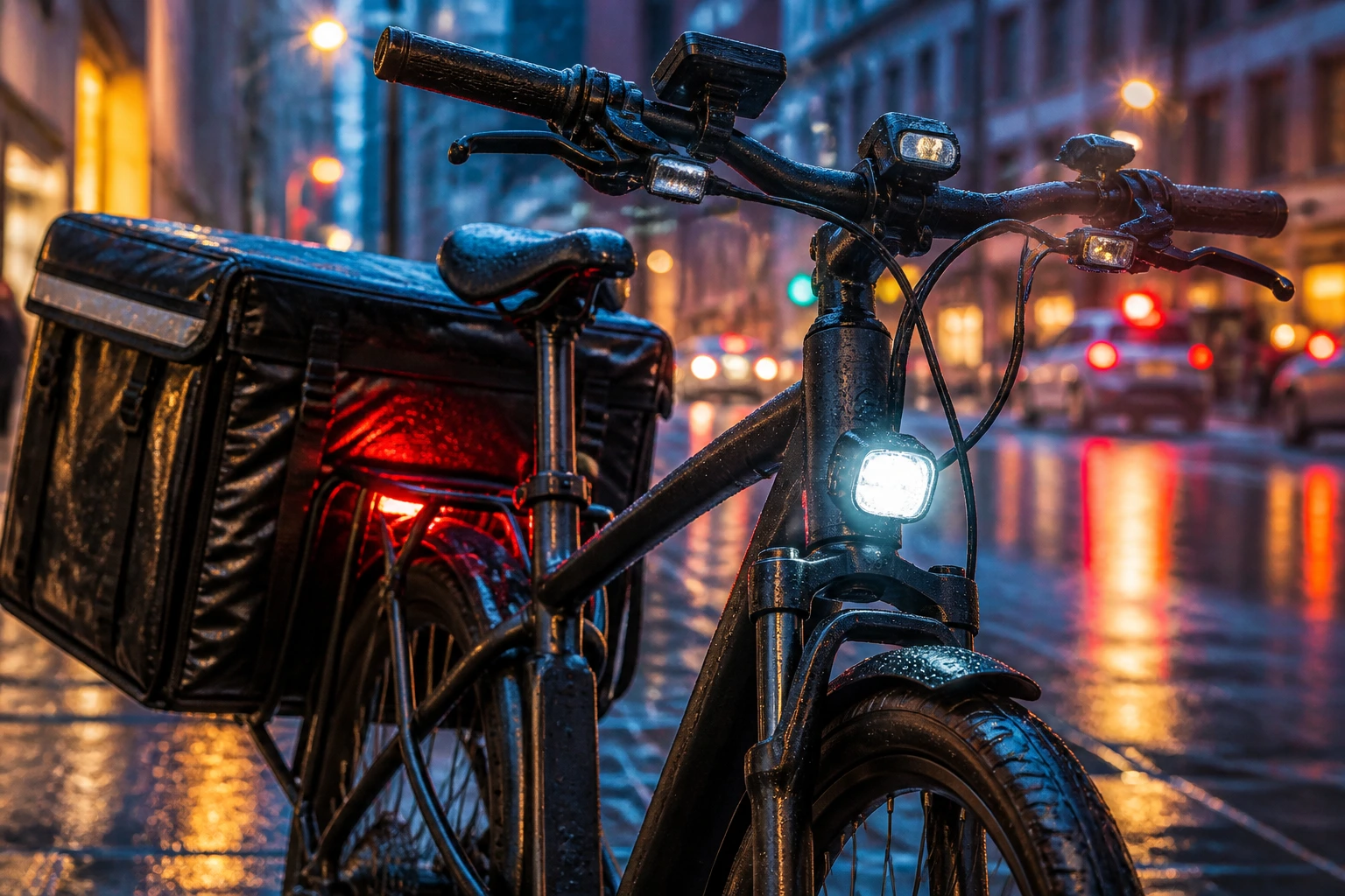 Close-up of bike handlebar with lights and delivery bag on a wet city street