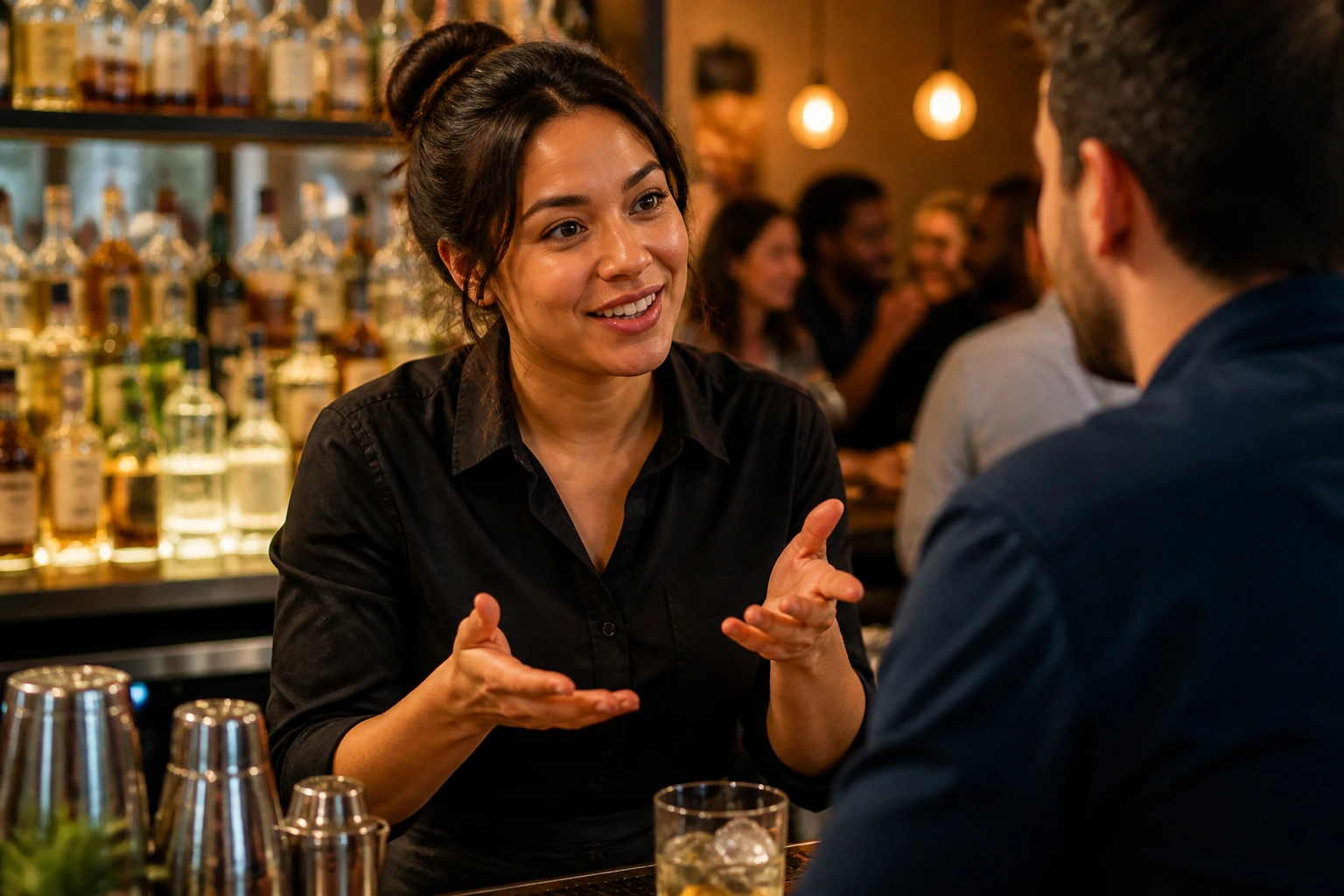 Bilingual bartender serving customers in a busy bar