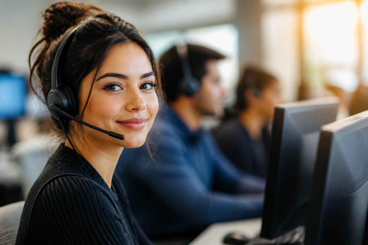 Close-up portrait of a bilingual call center agent wearing a headset in a busy office.
