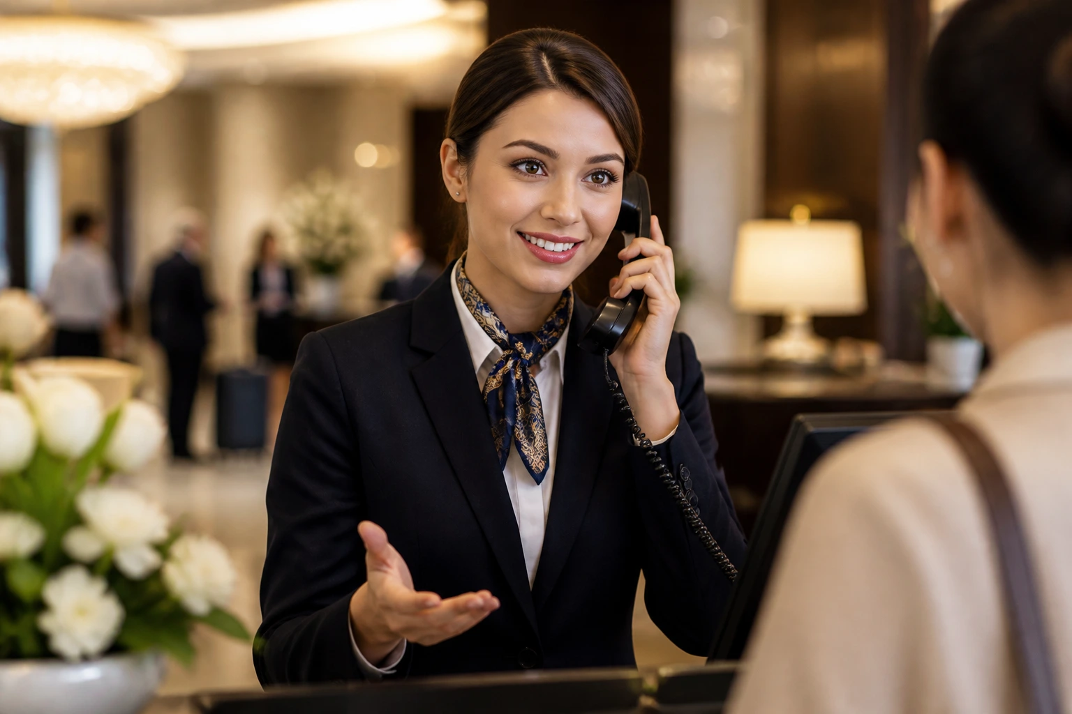 Front desk agent communicating clearly with guests in multiple languages
