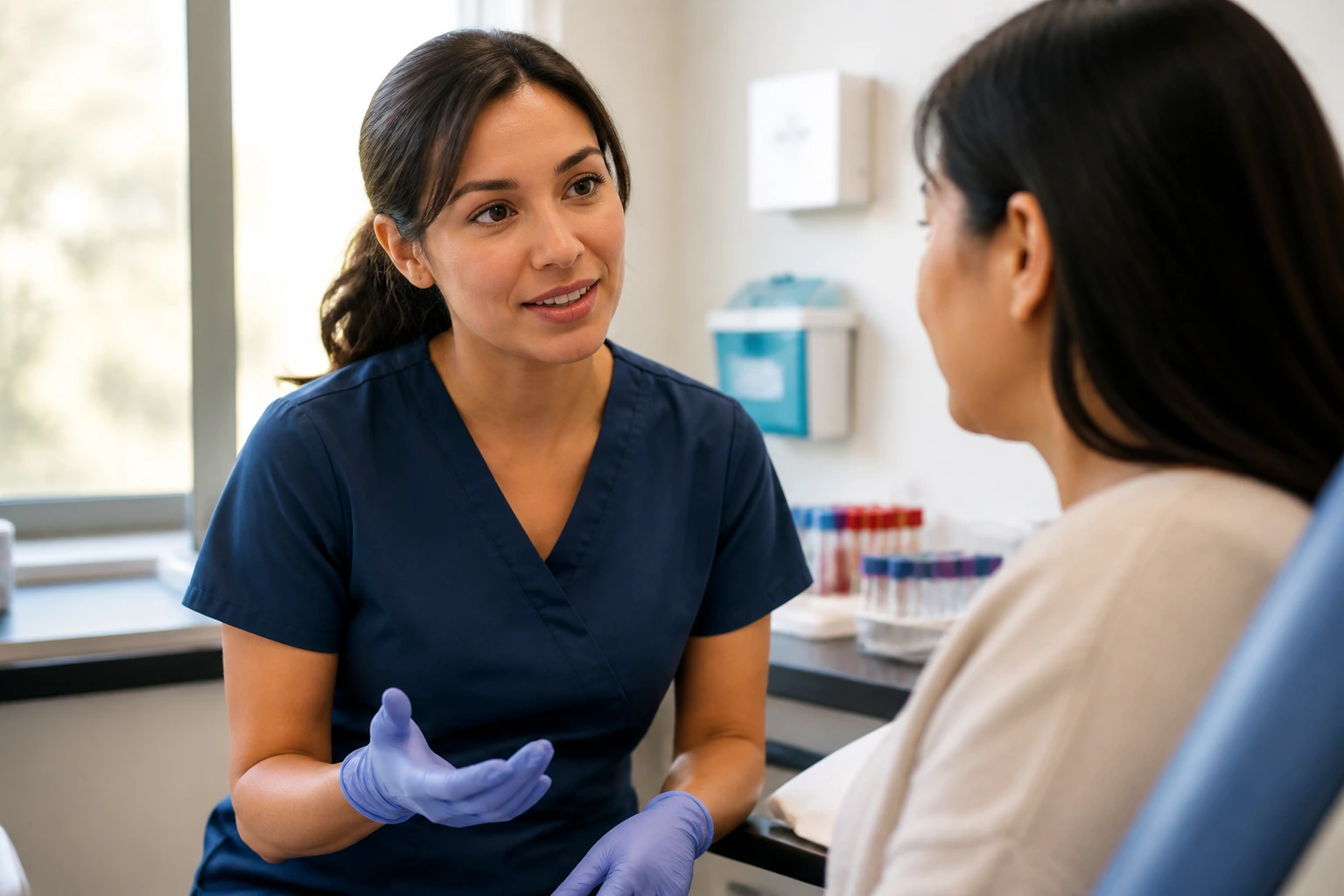 Medium close-up of bilingual phlebotomist communicating with a patient in a clinic