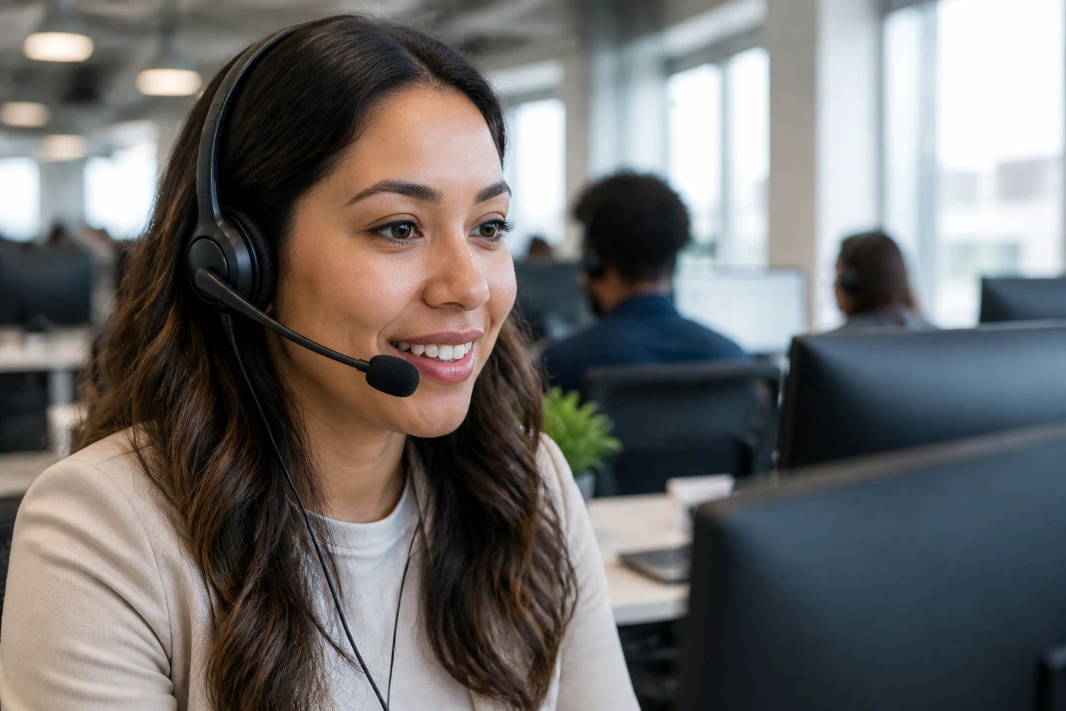 Portrait of a bilingual support professional at a desk with two monitors.