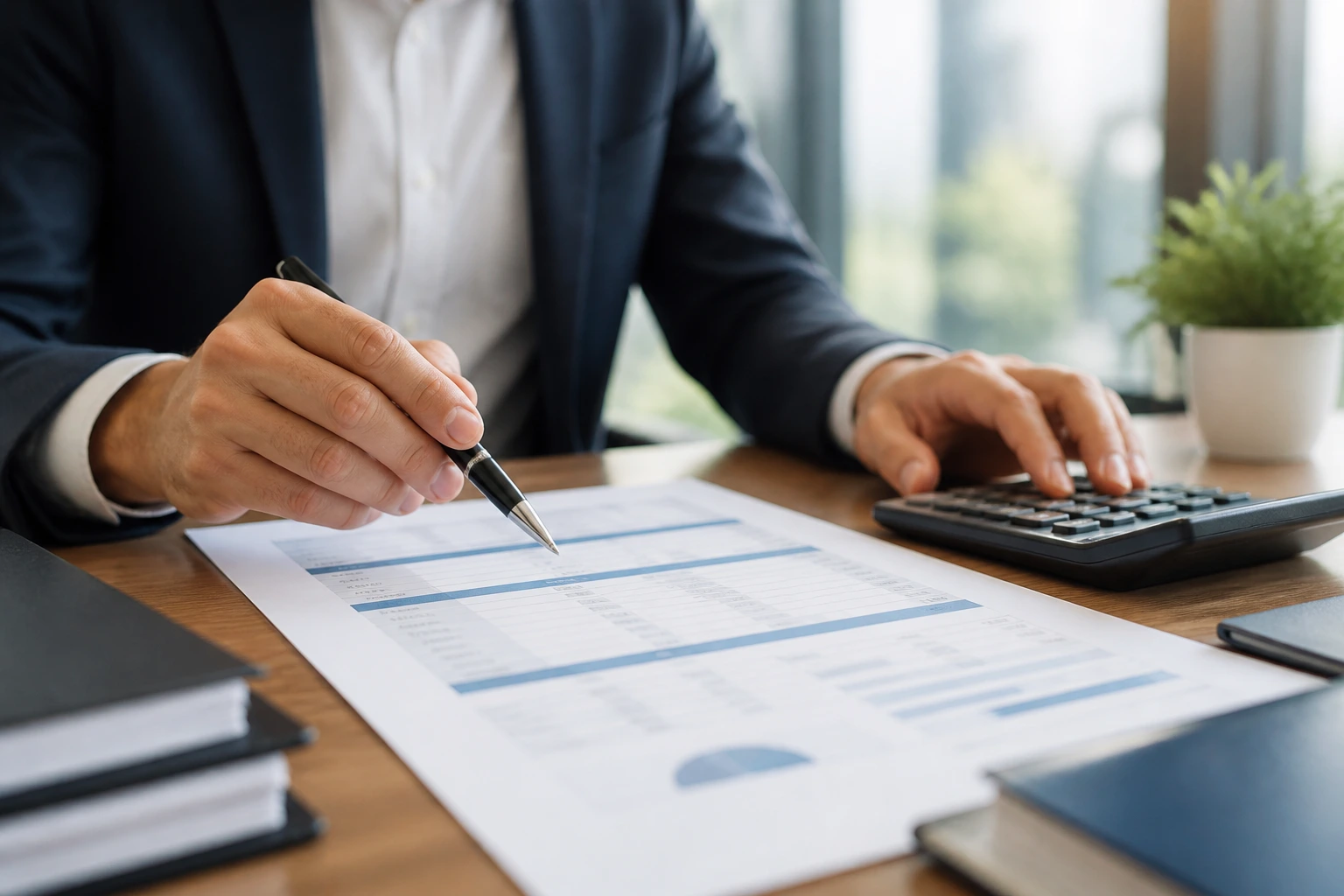 Hands arranging a pricing outline with calculator in an office