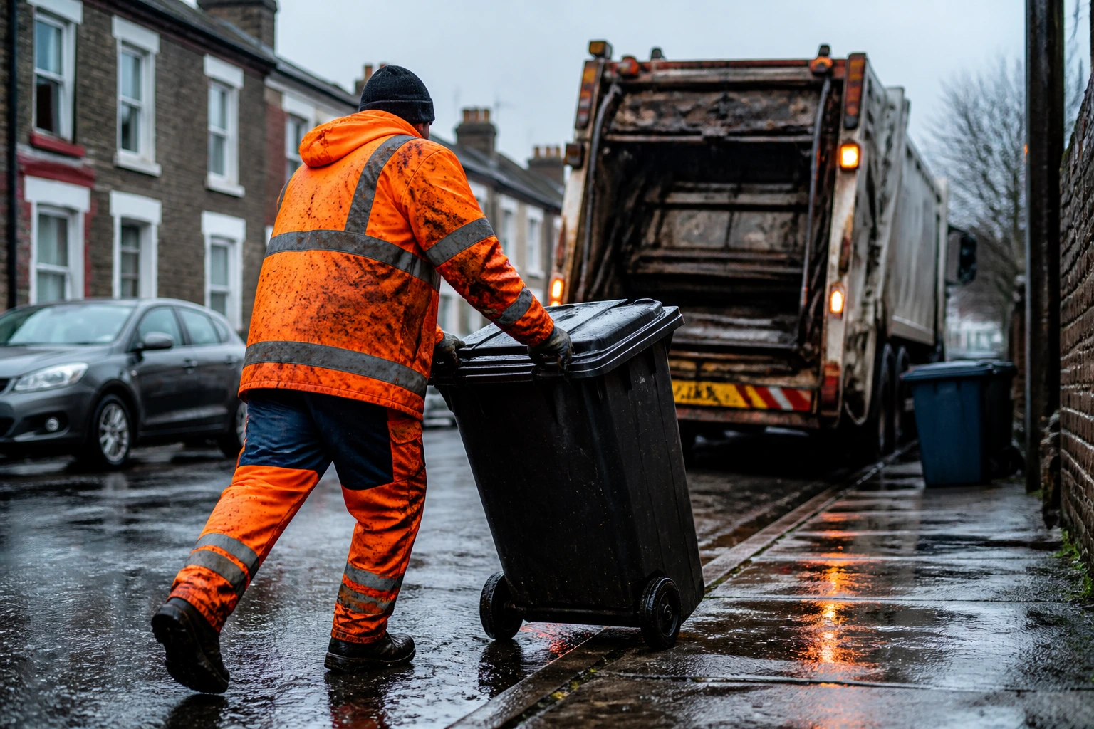 Bin collector in rain pushing a bin on a wet street