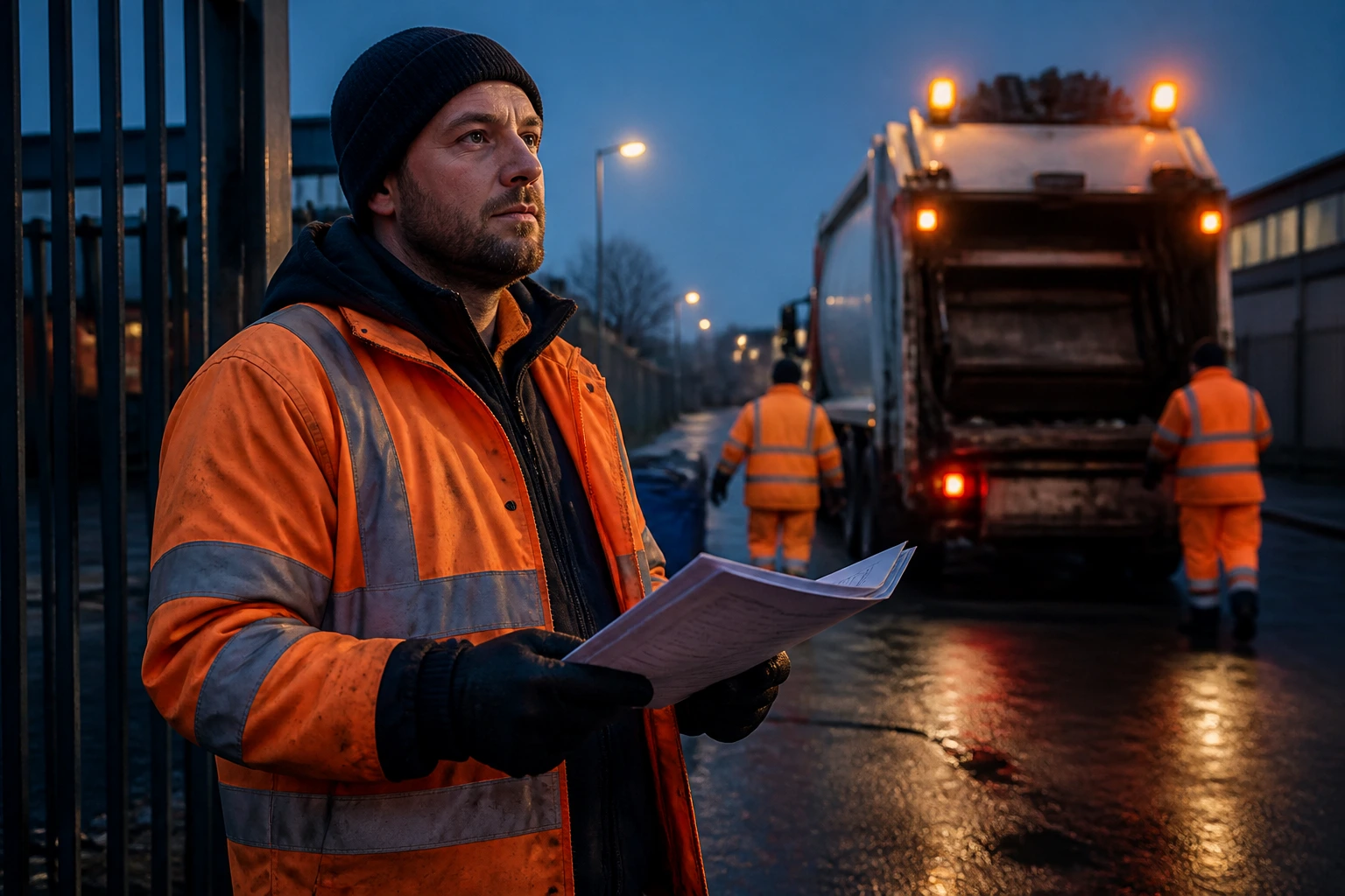 Close-up of bin collector in hi-vis at dawn by a depot with a truck