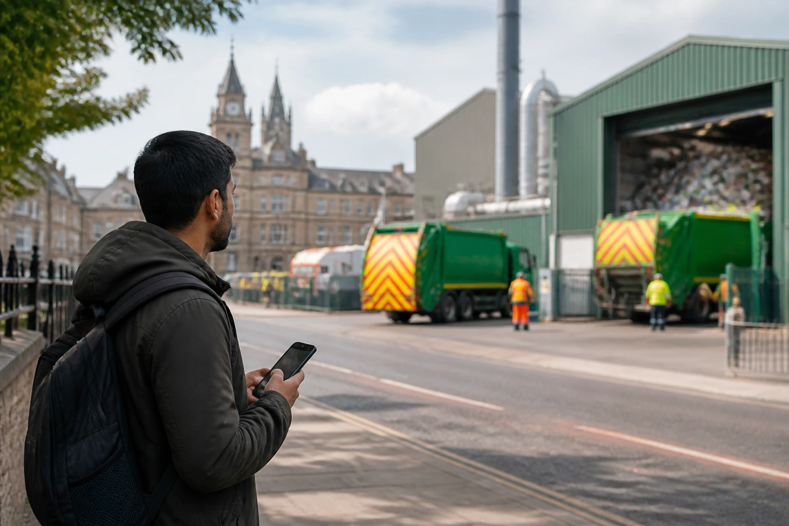 Person on city sidewalk using a smartphone to search for bin collector jobs with visa sponsorship, no text visible