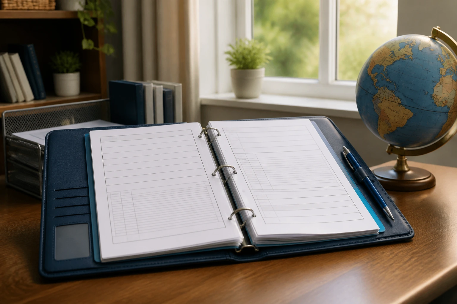 Binder with blank forms and globe on wooden desk in a home office