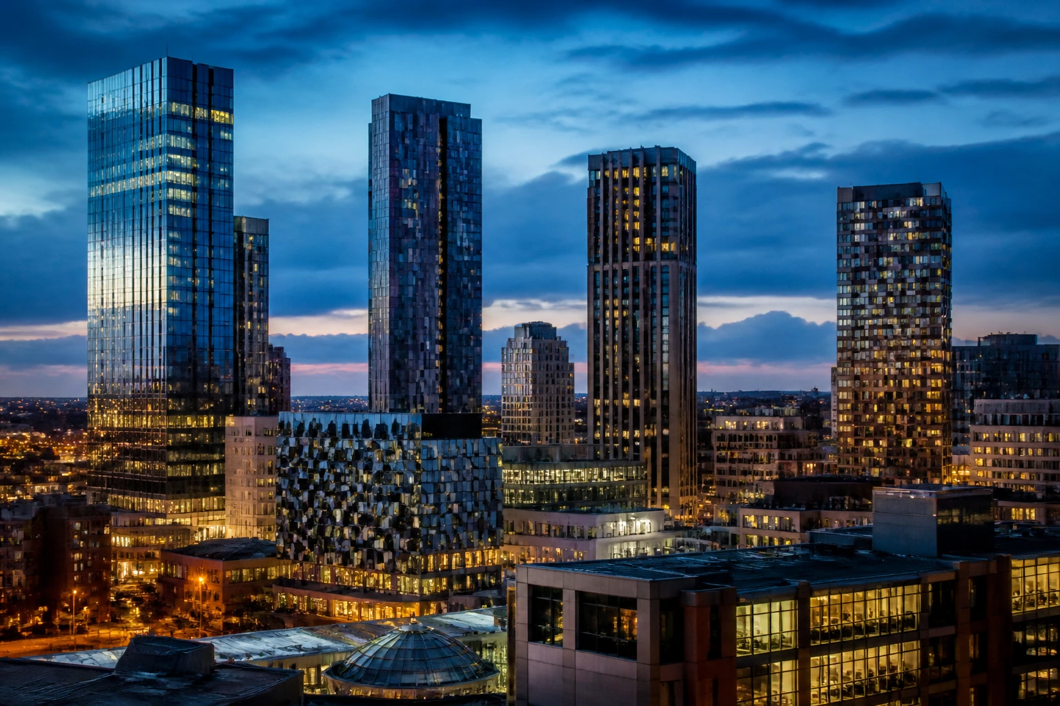 Close-up of Birmingham skyline high-rise silhouette at dusk