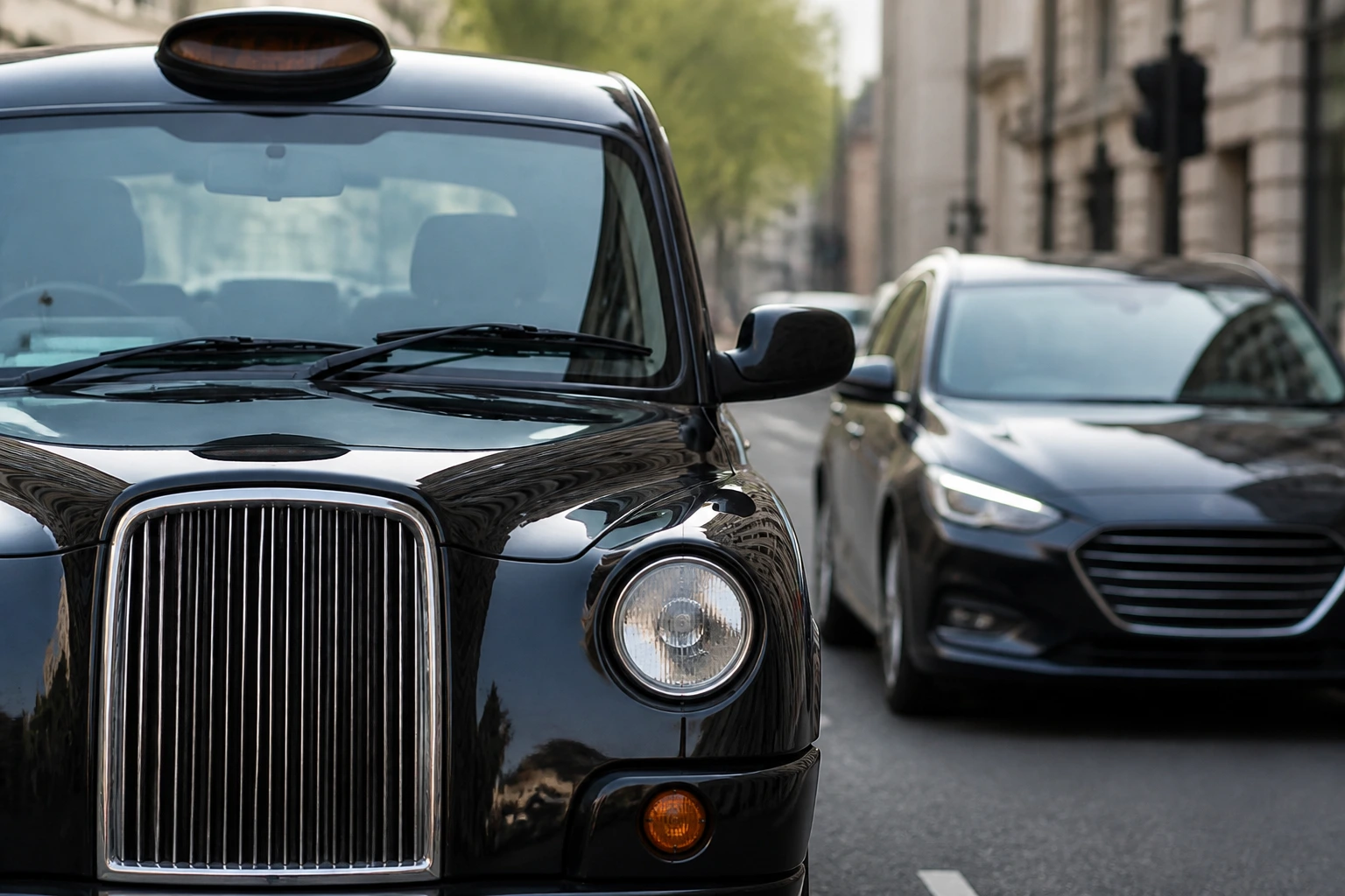 Close-up front of a classic London black cab on an urban street.